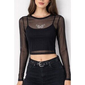 Vine and Valley Women's Mesh Grunge Whimsigoth Large Black Top Sheer Festival